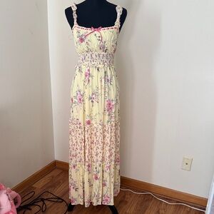 Floral Smocked Maxi Dress - Yellow with Pink Flowers. 💐 Spring Summer